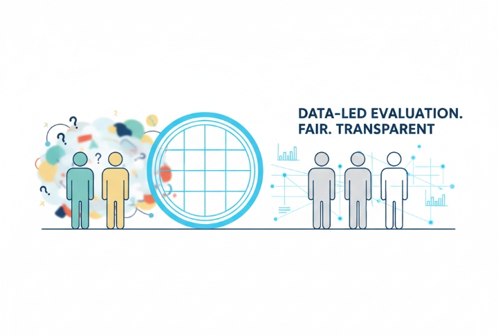 A conceptual illustration showing a chaotic hiring process being transformed into a structured, data-led evaluation for fair and transparent recruitment.