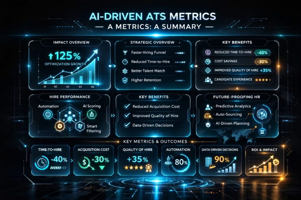 AI-Driven ATS Metrics displaying key recruitment KPIs like 125% optimization growth, 40% reduced time-to-hire, and 80% automation.