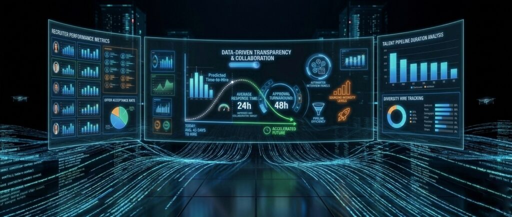 Futuristic AI recruitment analytics dashboard displaying hiring metrics, recruiter performance, diversity tracking in a digital interface.