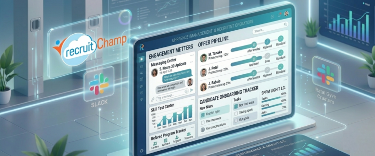 A digital dashboard for recruitChamp showing a messaging center for candidate engagement, a Candidate Onboarding Tracker and real time Slack for recruitment communications.