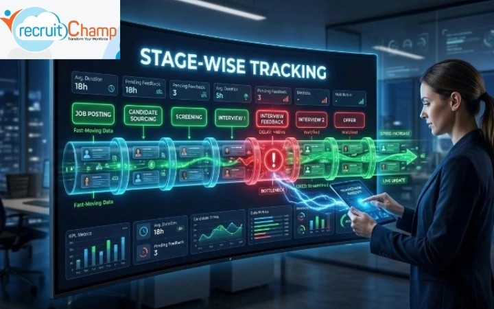 A Stage wise recruitment tracking dashboard showing job posting, candidate sourcing, screening, interviews and hiring pipeline analytics.