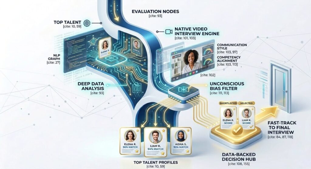 A technical workflow showing how to achieve faster hiring with AI through automated resume extraction, natural language processing, and an unconscious bias filter for better candidate screening.
