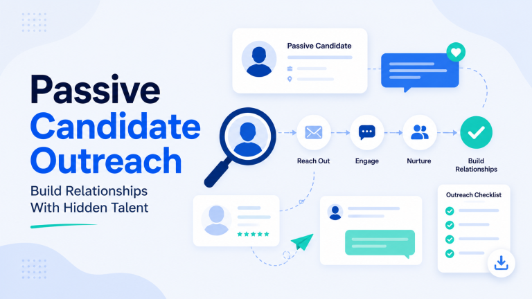 Passive candidate outreach process showing candidate discovery, personalized engagement, relationship building, and outreach checklist workflow