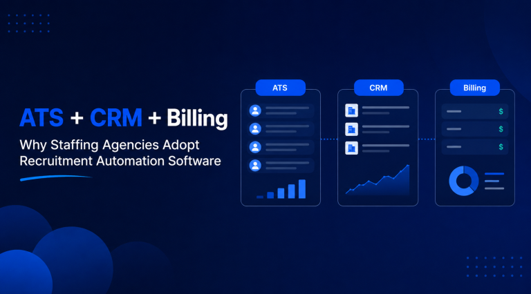 ATS CRM billing recruitment automation software for staffing agencies showing connected candidate, client, and invoice workflowsATS CRM billing recruitment automation software for staffing agencies showing connected candidate, client, and invoice workflows