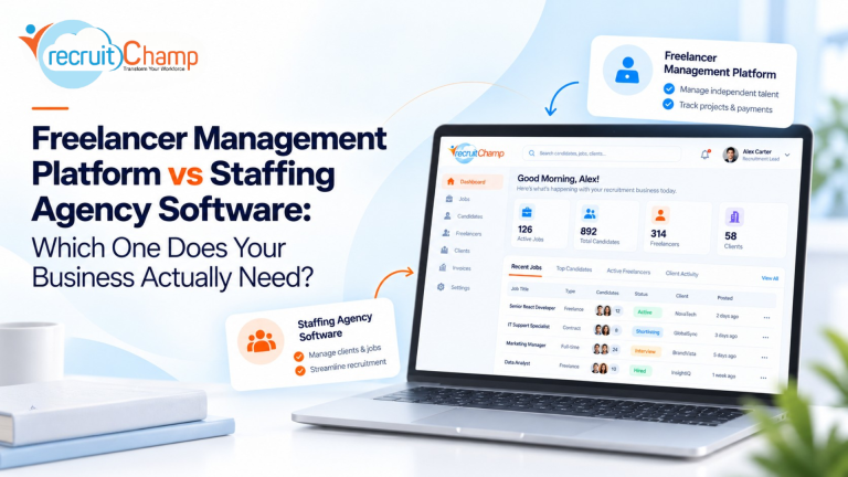 Freelancer management platform vs staffing agency software showing RecruitChamp dashboard for freelancers, candidates, clients, jobs, and recruitment workflows