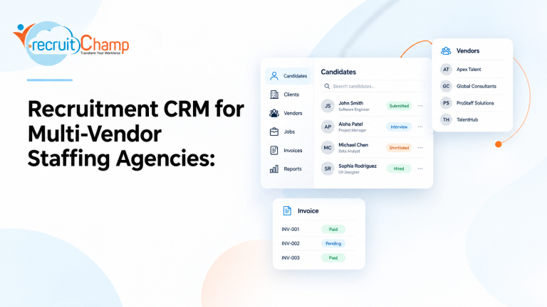 Recruitment CRM for multi-vendor staffing agencies showing candidates, clients, vendors, invoices, and staffing workflow management